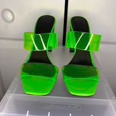 Neon Green Heels. Never Worn Size 7 Modern Green Sandals For Party, Trendy Green Platform Heels, Modern Green Heels For Summer, Green Synthetic Sandals With 4-inch Heel, Green Wedge Heel Sandals For Party, Neon High Heels For Party, Trendy Green Heels For Party, Green Synthetic Heels With Round Toe, Green Synthetic Round Toe Heels