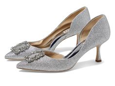 Badgley Mischka Fabia II - Women's Shoes : Silver : Badgley Mischka Fabia II is something you would actually want to wear out loud to show off! Chic and elegant, these heels highlight a pointed toe silhouette with a d&amp,#8217,Orsay topline and a sparkling crystal-embellished brooch on the top. Featuring a satin upper, a leather lining, and a synthetic footbed, the shoes are elevated by a sturdy kitten heel that makes them more captivating. Easy slip-on construction. Latex foam midsole. Leather outsole. Imported. Measurements: Heel Height: 2 3 5 in Product measurements were taken using size 7, width M. Please note that measurements may vary by size. Shoes Silver, Chic And Elegant, Wedding Rehearsal Dinner, Wedding Rehearsal, Silver Shoes, Sparkling Crystal, Rehearsal Dinner, Kitten Heel, Badgley Mischka