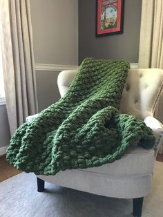 Chive Blanket | Chunky Knit Blanket - Hands On For Homemade Super Chunky Blanket, Super Chunky Knit, Green Throw Blanket, Chenille Blanket, Green Blanket, Chenille Throw, Chunky Knit Throw, Green Throw, Chenille Yarn