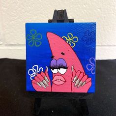 a painting of a pink spongebob holding her hands up in front of her face