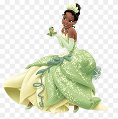 the princess and the frog is sitting on top of a green ball gown, transparent png