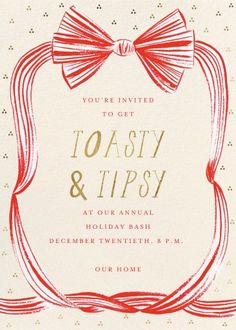 a red and white party card with a bow on the front, in gold foil