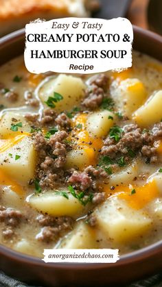 a bowl of creamy potato and hamburger soup