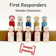 a group of wooden people standing next to each other on a white background with the words first responders written in red