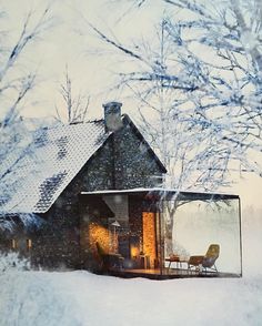 a cabin in the middle of winter with snow on the ground and trees around it