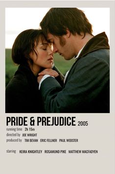 the poster for pride and prejuce, featuring two people embracing each other in front of an open field