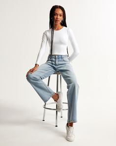 Women's Low Rise Baggy Jean | Women's Bottoms | Abercrombie.com Indigo Jeans, Distressed Black Jeans, Mixing Fabrics