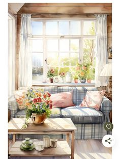 a painting of a living room with flowers on the couch and coffee table in front of it