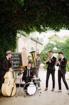 a group of men in suits and ties playing musical instruments under a large shade tree