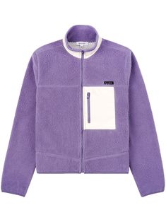 purple/white fleece texture logo patch to the front high neck front zip fastening long sleeves zip-fastening chest pocket Sherpa Fleece Jacket, Texture Logo, Basketball Clothes, White Fleece, City Dress, Sporty And Rich, Iconic Bags, Summer Beach Wear, Shearling Jacket