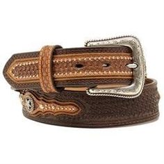 - Description This handsome belt by Nocona will be a great addition to your western wardrobe. This genuine leather belt features a basket weave design, while a fancy concho and studded light brown leather overlay adds extra visual interest. The silver-tone buckle is engraved with a western scrolling pattern, and this belt measures 1 1/2" wide. Western Brown Belt With Concho, Southwestern Style Brown Concho Belt, Western Concho Belts For Ranch, Western Style Brown Concho Belt, Western Brown Embroidered Belt, Southwestern Brown Belt With Antique Buckle, Western Style Brown Belt For Rodeo, Brown Concho Belt Buckles For Rodeo, Western Brown Belt For Western-themed Events