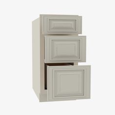 a white cabinet with three doors and two drawers on the bottom, in front of a white background