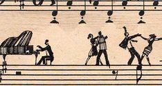 an artistic drawing of people playing musical instruments and dancing in front of a large piano