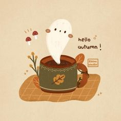 an illustration of a ghost in a pot with leaves and mushrooms on the ground next to it