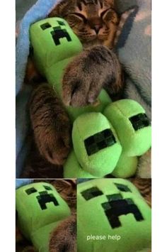 a cat sleeping on top of a green stuffed animal that is made to look like minecraft creeper