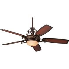 a ceiling fan that is on top of a white wall and has two brown blades