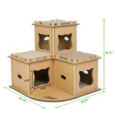 three cardboard cat houses stacked on top of each other with holes in the front and back