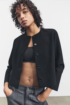 BUTTONED JACKET ZW COLLECTION Round Neck Jacket, Zara Coat, Waistcoat Dress, Blouse Jeans, Cardigan Sweater Dress, Leather Shirt, Jeans Rock, Zara Woman, Short Coat