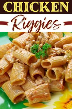 chicken rigani pasta on a green plate with yellow flowers in the background and text overlay