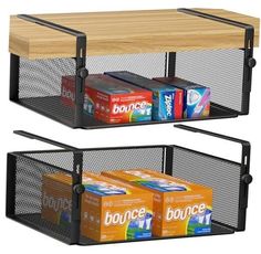 two black mesh baskets with wood top and bottom one holding drinks, the other carrying boxes