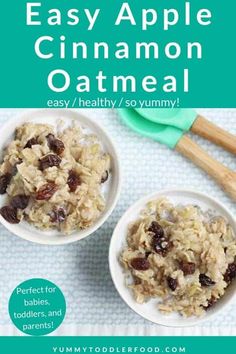 two bowls filled with oatmeal and raisins on top of a table