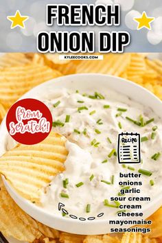 french onion dip in a bowl with chips