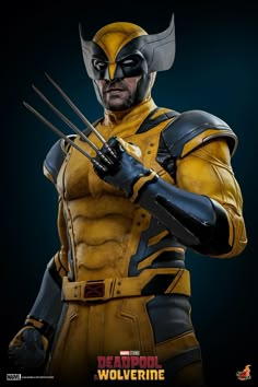 the wolverine figure is posed in yellow and black leather with his hands crossed, holding two claws