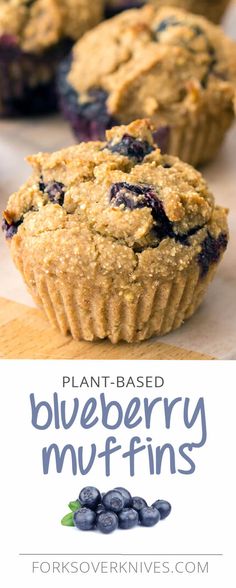 blueberry muffins with text overlay that reads plant - based blueberry muffins