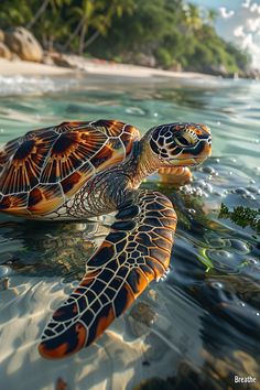 a turtle swims in the ocean with its head above water