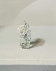 a painting of flowers in a glass vase on a white table top with shadow from the sun