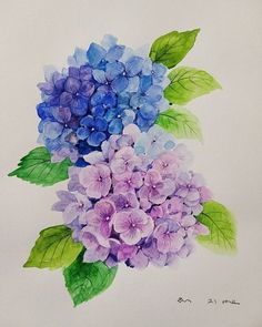 a painting of purple and blue flowers with green leaves