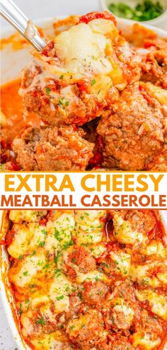 an image of meatball casserole being served in a white dish with text overlay