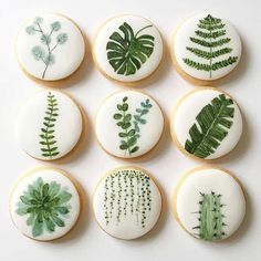 nine cookies decorated with different types of plants