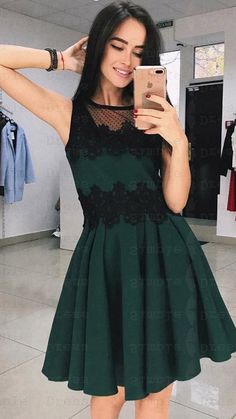 https://www.simple-dress.com/a-line-round-neck-green-short-homecoming-dress-with-appliques.html Unique Homecoming Dresses, Dress Short Prom, Homecoming Dress Short, Cheap Homecoming Dresses, Short Prom Dresses, Black Lace Shorts