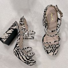 Embrace Your Wild Side With These Zebra Print Suede Heels! Step Into Style And Make A Statement With These Unique And Eye-Catching Shoes. Elevate Any Outfit And Unleash Your Inner Fashionista With These Must-Have Heels. -2 Band Ankle Strap Sandal -Pu Clear Strap Sole Heel -1” Heel Height- -5” Round Heel -Supper Comfy -Off White In Color With Black High Heel Zebra Print Party Heels, Black High Heels With Zebra Print, Spring Zebra Print High Heels, Spring Zebra Print Heels, Chic Zebra Print High Heels, Zebra Print Heels, Madden Girl Heels, Black Patent Shoes, Leopard Print Pumps