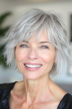 Textured Chin-Length Shag Hairstyle on smiling woman in her 60s. Shag With Bangs, Shag Hairstyle, Messy Bob Haircut, Medium Shag Hairstyles, Shag Cut, Hairstyles For Women Over 60, Stylish Short Hair