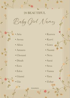 a baby girl name list with flowers and leaves on the front, along with other names