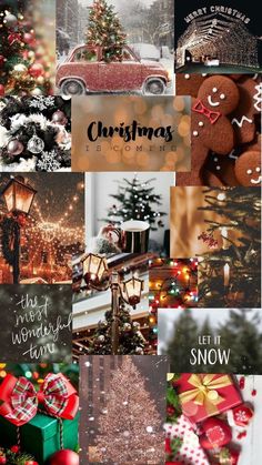 christmas collage with many different pictures and words on it's side, including a car