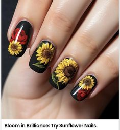 Sunflower And Rose Nails, Sunflower Nail Designs, Rose And Sunflower, Black Nail Design, Sunflower Nail, Embrace Art, Sunflower Designs, Nail Collection, Maroon Nails