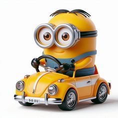 a minion driving a yellow car with big eyes