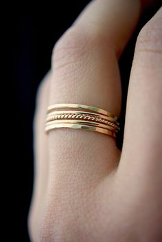 "This item is made to order and will ship after 7-10 business days. That time does not include holidays, weekends or shipping time! These rings are handmade by the designer herself in her Portland, OR studio. * MEDIUM THICK RINGS * These \"medium thick\" rings mix together beautifully! The contrast between smooth, hammered and twist textures is incredibly eye-catching. These stacking rings are perfect for mixing and matching! Either wear them all at once or mix them in with your favorite rings f Thick Stacking Ring, Stacking Rings Gold, Thick Twist, Medium Twist, Thick Rings, Thick Gold Ring, Gold Wave Ring, Delicate Gold Ring, Rope Ring