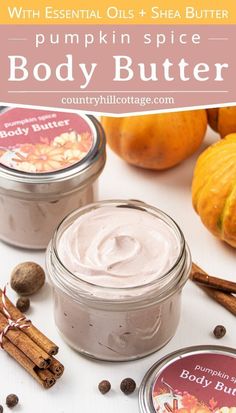 pumpkin spice body butter with essential oils and shea butter on the side, surrounded by cinnamons