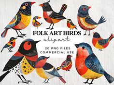 folk art birds clipart 20 png files for commercial use