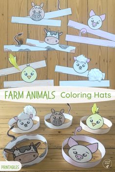 farm animals coloring hats for toddlers to color and cut out on the table with text overlay that reads, farm animals coloring hats