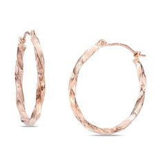 Uniquely designed, these glittering hoop earrings are a versatile look. Crafted in precious 10K rose gold, each 25.0mm hoop features two sparkling rows of gold that twist together in a surprising fashion. Buffed to a brilliant luster, these earrings secure with latch backs. Rose Gold Hoop Earrings Shiny Finish, Rose Gold Hoop Earrings With Shiny Finish, Rose Gold Hoop Jewelry With Shiny Finish, Rose Gold Shiny Hoop Earrings, Rose Gold Hypoallergenic Hoop Earrings For Anniversary, Small Hoop Rose Gold Earrings For Anniversary, Rose Gold Huggie Hoop Earrings For Anniversary, Rose Gold Small Hoop Earrings With Diamond Cut, Rose Gold Diamond Cut Hoop Earrings