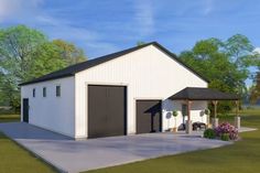 an artist's rendering of a two - story garage with attached carports