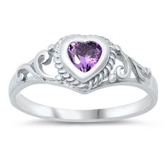 CHOOSE YOUR COLOR Filigree Swirl Promise Heart Ring .925 Sterling Silver Purple Cubic Zirconia Female Size 4 All our silver jewelry is crafted from .925 silver also commonly referred to as sterling silver. Sterling silver is the standard for beautiful high-quality silver jewelry and can not be replicated by lower priced silver plated jewelry. It is 92.5% pure silver, mixed with alloys to add strength and durability to stand the test of time. We promise superior service which includes fast shipping, great communication, and Walmart's refund policy. Keep your fine jewelry shiny and elegant by storing it properly. Jewelry needs to be stored in a dry area, preferably away from air in a jewelry box or plastic bag. Avoid exposure to harsh chemicals. Use a polishing cloth to remove tarnish build- Baby Ring, Petite Ring, Silver Heart Ring, Cubic Zirconia Jewelry, Silver Plated Jewelry, Sterling Silver Heart, Sterling Silver Bands, Everyday Jewelry, Pure Silver