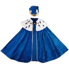 a blue and white cape with a gold ring on it's head, sitting in front of a white background