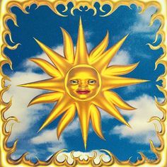 the sun is shining brightly in the sky with clouds behind it and an ornate border around it