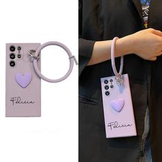 a cell phone with a keychain attached to it's front and back sides